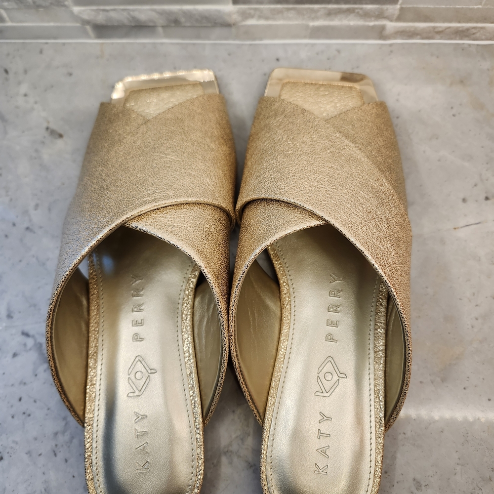 Katy Perry Checked In Gold Metallic Leather Slide Sandals NIB Size 8 - Picture 4 of 5